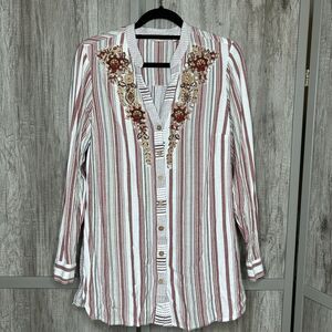 Soft Surroundings Tunic Button Down Blouse Beaded Art Bohemian Resort  Cotton M
